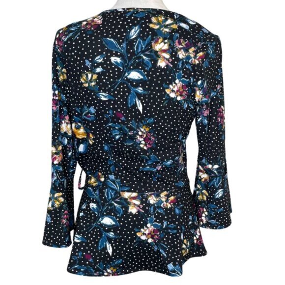 BCX Women's Faux-Wrap Polka Dot Peplum 3/4 Bell Sleeves Top Sz L - Picture 2 of 6